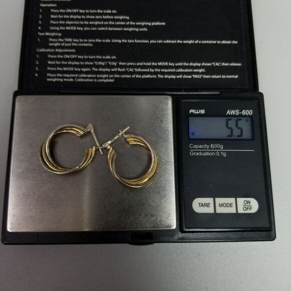 Vintage Sterling Silver Two Tone 1 Inch Hoop Earrings, 925 Italy, Estate - Picture 6 of 9